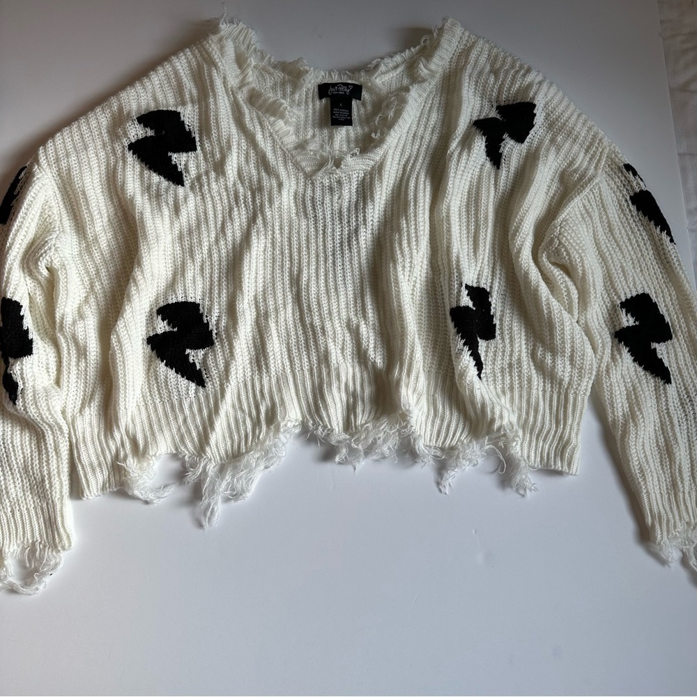 Just Polly New York Womens L Oversized Boho Crop Sweater Cream Black Lightning